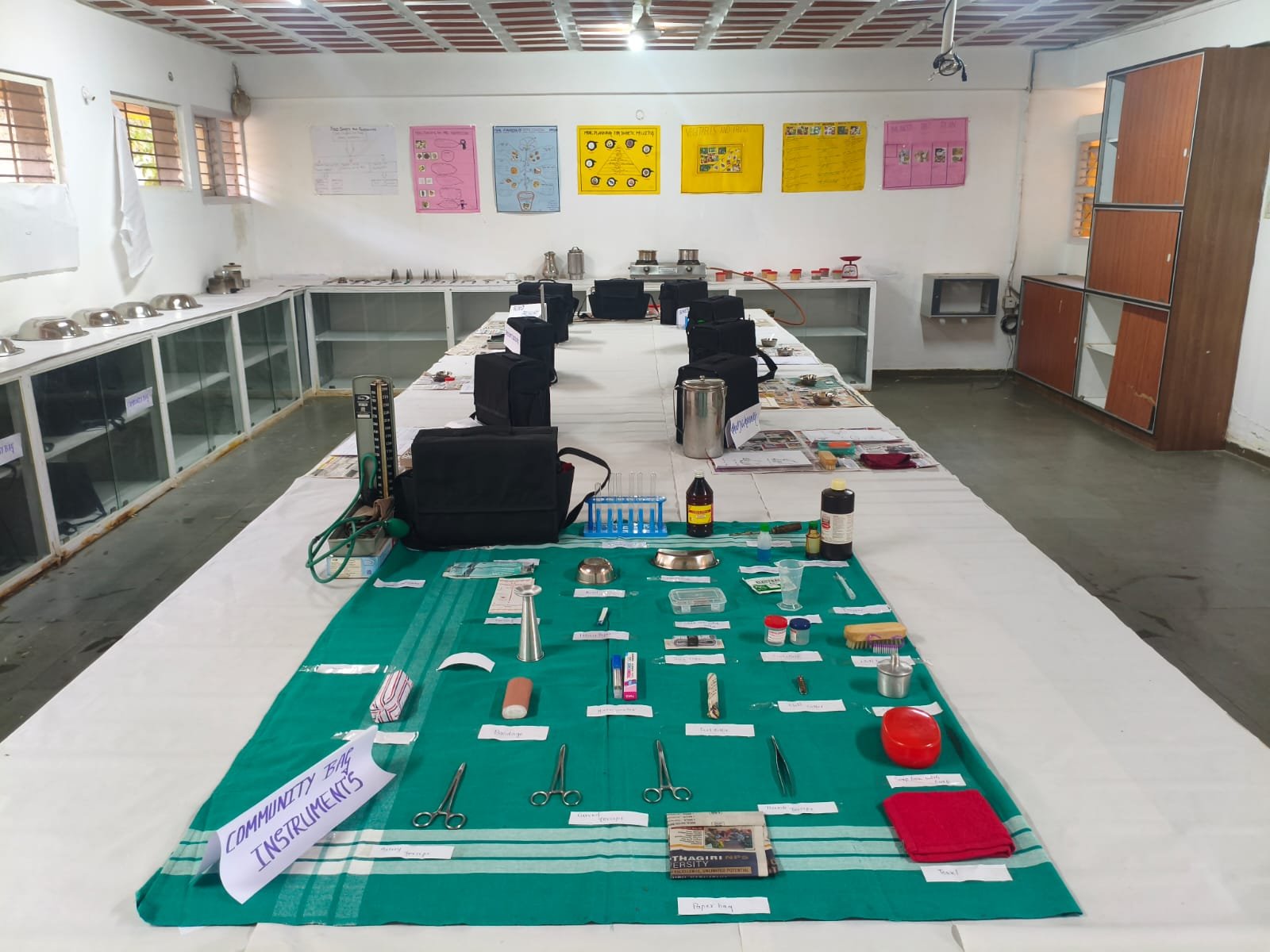 Nursing laboratory with instruments arranged for practical training